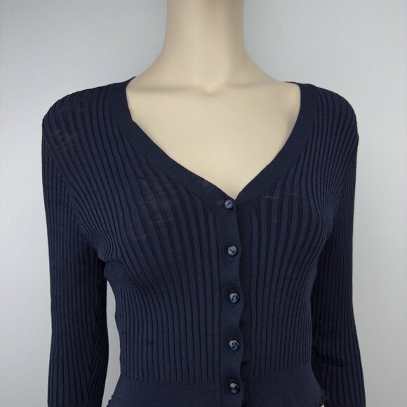 IRIS SETLAKWE Cropped Ribbed & Textured 3/4 Sleeves Designer Navy Blue Sweater S - Picture 5 of 9